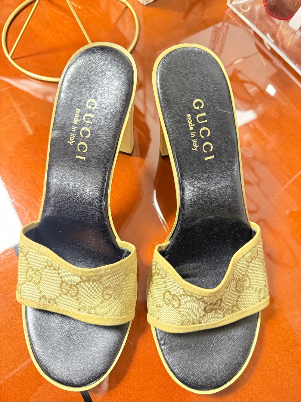 Gucci Beige Monogram Slide Heeled Mules